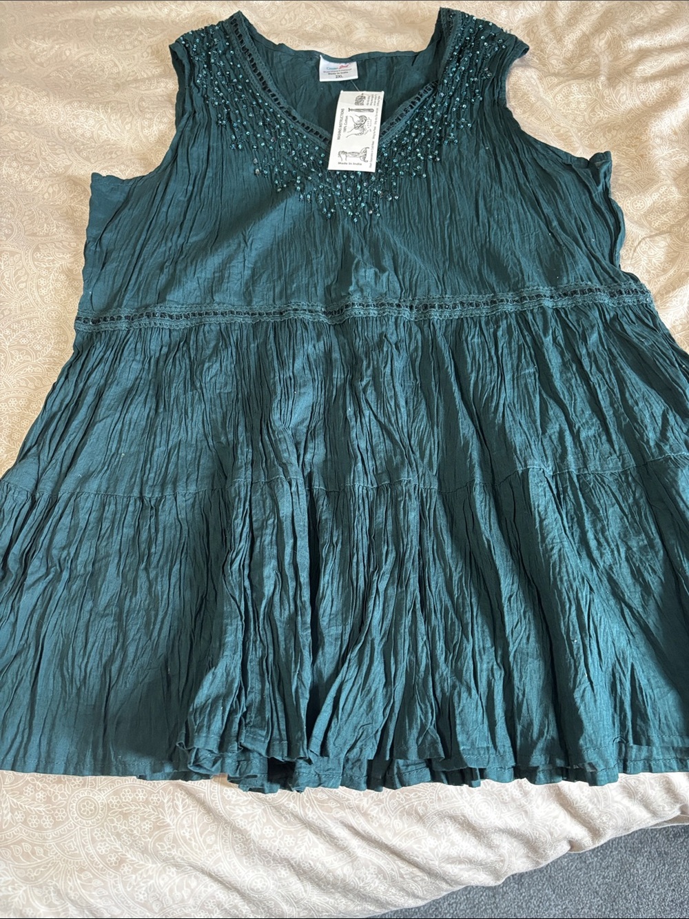 NWT Greater Good Embroidered Teal Crinkle Sleeveless Tunic